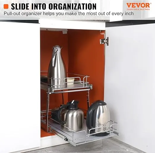 VEVOR 2 Tier 13"W x 21"D Pull Out Cabinet Organizer, Heavy Duty Slide Out Pantry Shelves, Chrome-Plated Steel Roll Out Drawers, Sliding Drawer Storage for Inside Kitchen Cabinet, Bathroom, Under Sink