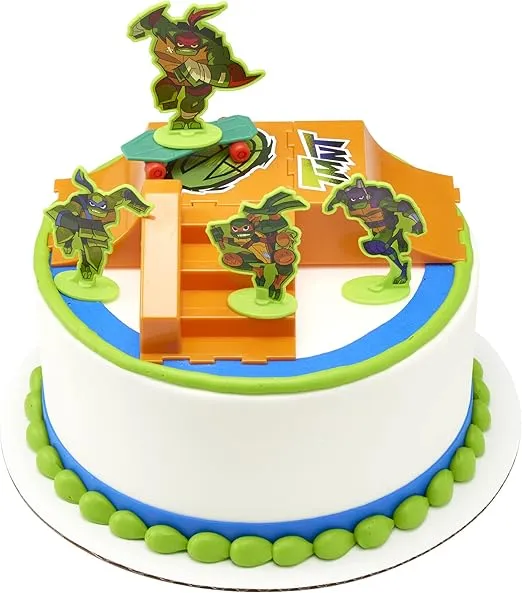 DecoSet® Teenage Mutant Ninja Turtles TMNT-RISE UP! Cake Topper, 6-Piece Birthday Decoration for Cakes and Cupcakes, Surprise Your TMNT Fan with ALL the Characters and Interactive Skateboard