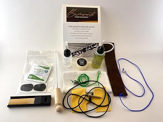 Clarinet Cleaning Kit for Wood Bb Clarinet: Chamois & Butterfly Swabs, All Natural Cork Grease, Bore Oil with Applicator, Key Oil, Mouthpiece Brush, Teeth Cushions, and Reed Holder