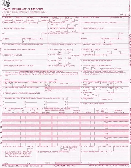 CMS-1500 Laser Printer Medical Claims Form - 2500 Sheets, Revised 02/12