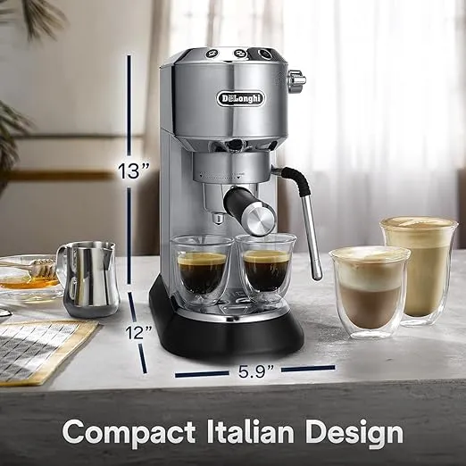 De'Longhi Dedica Arte Espresso Machine with Manual Milk Frother for Espresso, Capuccino, Latte, 35 Ounce Water Tank, Silver, EC885M