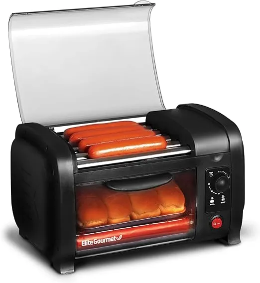 Elite Gourmet EHD-051B Hot Dog Toaster Oven, 30-Min Timer, Stainless Steel Heat Rollers Bake & Crumb Tray, World Series Baseball, 4 Bun Capacity, Black