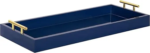 Kate and Laurel Lipton Narrow Decorative Tray with Polished Metal Handles, 10" x 24", Navy Blue and Gold, Chic Accent Tray for Display and Storage