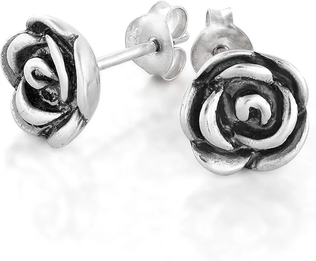 PZ Paz Creations 925 Sterling Silver Rose Flower Stud Earrings For Women - Hypoallergenic Nickel Free