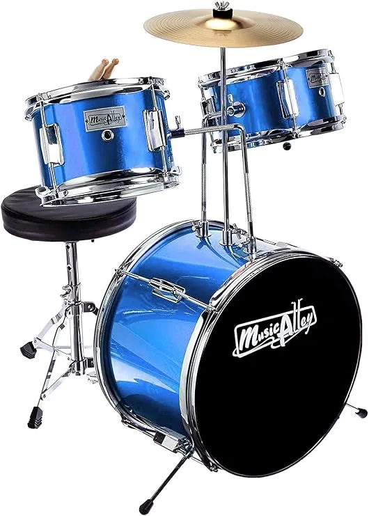 Music Alley 3 Piece Kids Drum Set with Throne, Cymbal, Pedal & Drumsticks, Blue, (DBJK02)