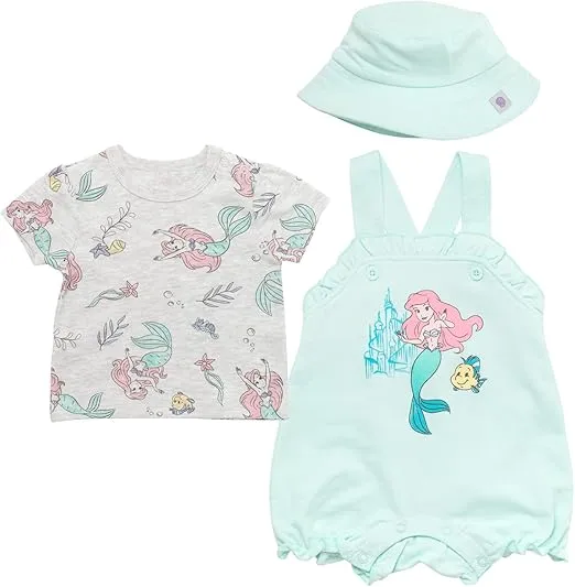 Disney Minnie Mouse Ariel Baby Girls French Terry Short Overalls T-Shirt and Hat 3 Piece Outfit Set Newborn to Infant