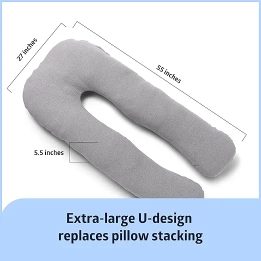 Medline Maternity Body Pillow, Sleep Pillow, U-Shape, Adult Side Sleepers, Full Body Pregnancy Pillow for Safe Sleep, Back, Belly, Leg and Hip Support, Removable Cover, 27"" x 55"", Gray