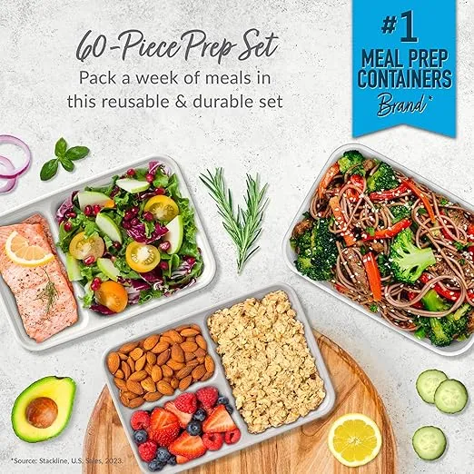 Bentgo Prep 60-Piece Meal Prep Kit - Reusable Food Containers 1-Compartment, 2-Compartment, & 3-Compartments for Healthy Eating - Microwave, Freezer, & Dishwasher Safe (White Stone)