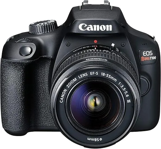 Canon EOS Rebel T100 DSLR Camera with EF-S 18-55mm f/3.5-5.6 III Lens, 18MP APS-C CMOS Sensor, Built-in Wi-Fi, Optical Viewfinder, Impressive Images & Full HD Videos, Includes 32GB SD Card