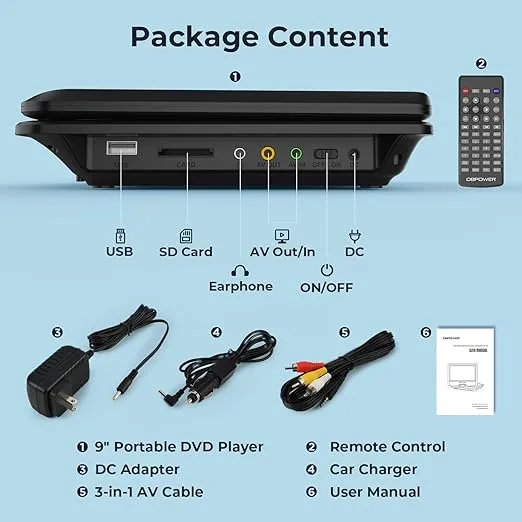 DBPOWER 11.5" Portable DVD Player, 5-Hour Built-in Rechargeable Battery, 9" Swivel Screen, Support CD/DVD/SD Card/USB, Remote Control, 1.8 Meter Car Charger, Power Adaptor and Car Headrest (Black)