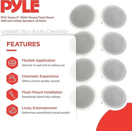 Pyle PDIC Series 8 Inch 250 Watts 4.8 Ohms Round Flush Mount Wall and Ceiling Home Speakers with Directable 0.5 Inch Polymer Dome Tweeter, Pack of 8