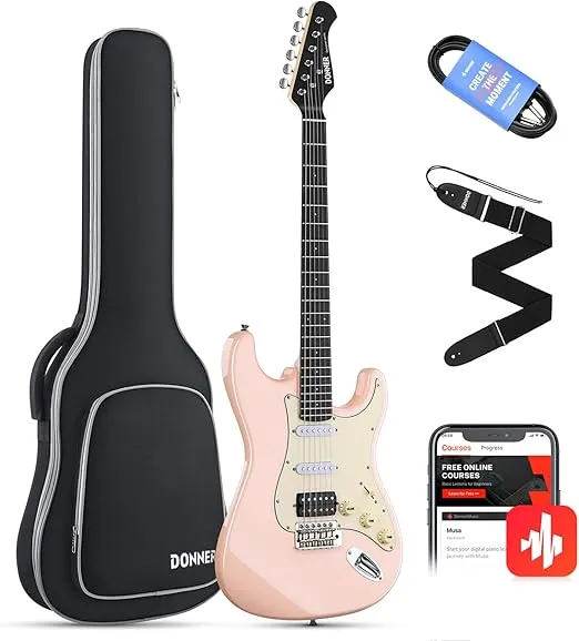 Donner 39 Inch Electric Guitar, Designer Series DST-200 Stylish Solid Body Electric Guitar for Beginner Intermediate & Pro Players, Single Coil Split System, Bonus Bag, Cable, Strap Blossom Pink