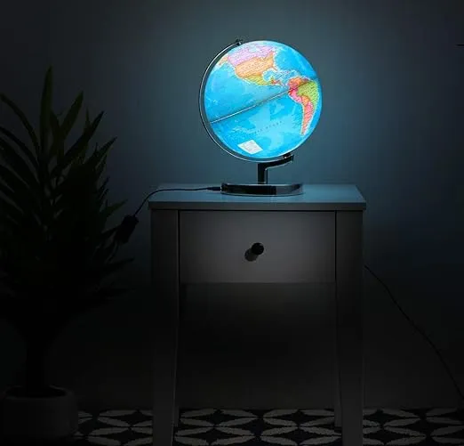 LED Illuminated Globe of The World with Sturdy Chrome Rotating Display Stand - 3 in 1 Educational Geography Map, Light Up Earth Constellation Globe STEM for Kids & Adults| Nightlight, 11 Inch Tall