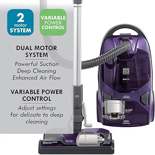 Kenmore Friendly Lightweight Bagged Canister Vacuum, Pop-N-Go Brush, 2 Motors, HEPA, Aluminum Telescoping Wand, Retractable Cord and 3 Cleaning Tools, 600 Series + Pet PowerMate, Purple