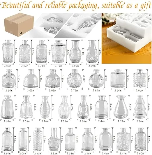 Glass Bud Vases in Bulk Set of 30 Pcs,Small Glass Vases for Flowers as Wedding Centerpieces for Tables,Clear Flower Vases Suitble for Wedding Decorations,Christmas Home Decor (Clear, 30 pcs)