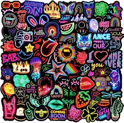 100Pcs Neon Stickers Decal, Waterproof Vinyl Stickers Pack for Bumper, Laptop, Skateboard, Water Bottle, Luggage, Phone, Graffiti Stickers for Adults