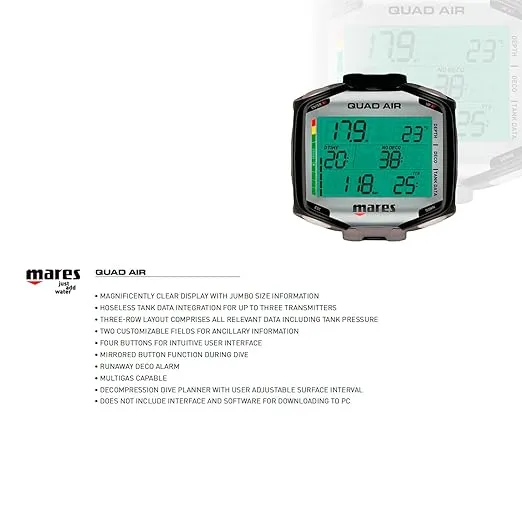MARES Quad Air Smart Wrist Underwater Scuba Diving Computer, Black (414169-BKBK)