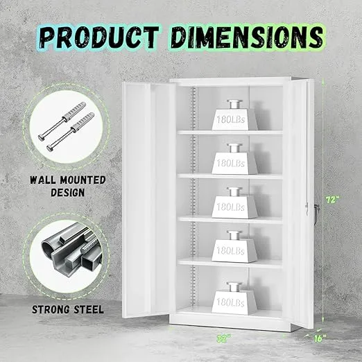 SUNCROWN Upgrade Metal Garage Storage Cabinet, Large 72" Locking Steel Garage Cabinets with 4 Adjustable Shelves and 2 Doors,Metal Lockable Tool Cabinets for Garage, Office, Home, White