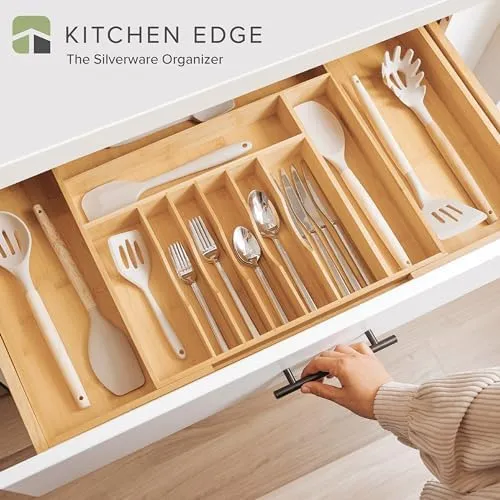 Premium Silverware, Flatware and Utensil Organizer for Kitchen Drawers, Food-Safe Contract Grade, Expandable from 18 to 33 In, Natural Bamboo