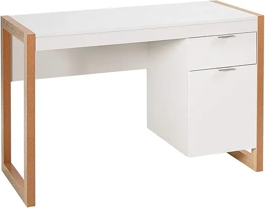 Tangkula White Desk with Drawer & Cabinet, Wooden Home Office Desk, PC Laptop Workstation Study Writing Desk, Ideal for Bedroom Home Office (White & Natural)