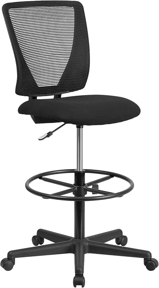 Flash Furniture Harper Ergonomic Mid-Back Mesh Drafting Chair with Black Fabric Seat and Adjustable Foot Ring