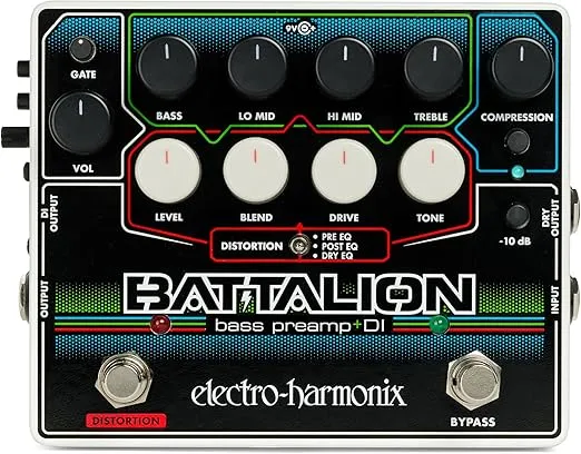 Electro-Harmonix Battalion Black 4-band EQ, MOSFET Distortion, Compressor, Noise Gate Bass Preamp & DI Pedal