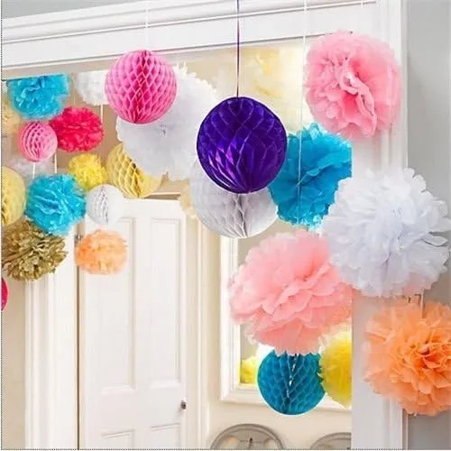 10pcs White Tissue Hanging Paper Pom-poms, Hmxpls Flower Ball Wedding Party Outdoor Decoration Premium Tissue Paper Pom Pom Flowers Craft Kit