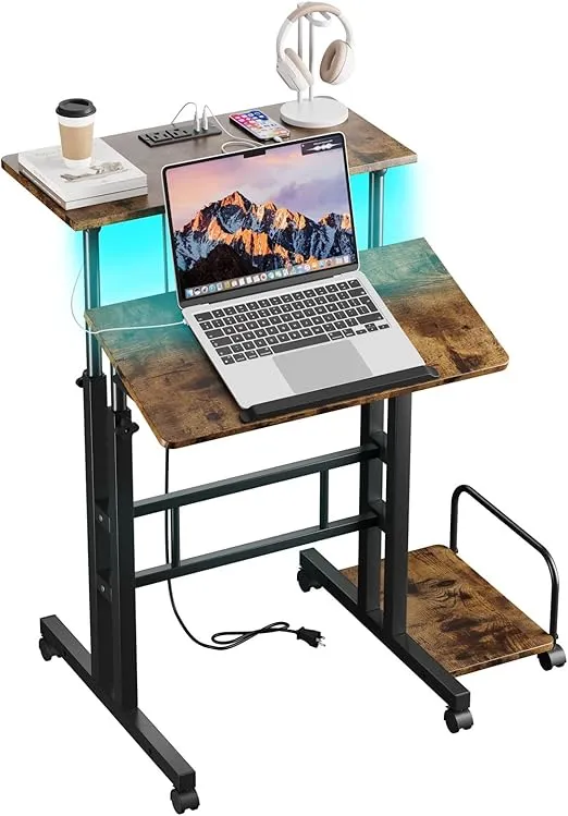 Dripex Mobile Standing Desk with Power Outlets & Strip Lights Rolling Computer Desk Adjustable Height Laptop Desk with Wheels, Portable Sit-Stand Desk Home Office Workstation, Rustic Brown