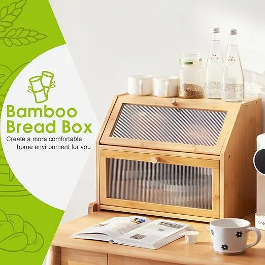 BMOSU Large Bread Box for Kitchen Countertop,Double Layer Bread Box for Kitchen Counter,Bamboo Wood Bread box Capacity Bin Kitchen Storage(Natural)