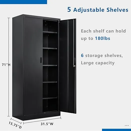 Metal Storage Cabinets with Locking Doors and 5 Adjustable Shelves, Steel Storage Cabinet for Garage, Office, Classroom - Black