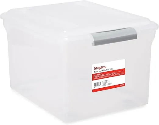 TRU RED Staples Store & Slide Hanging File Box, Latch Lid, Letter/Legal Size, Clear