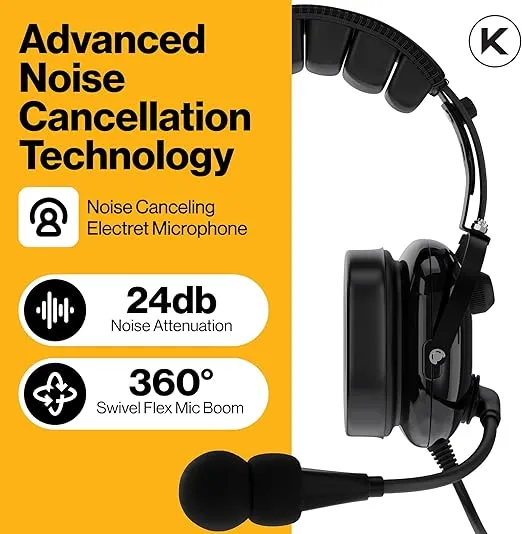 KA-1 General Aviation Headset - Pilot Headset with Mono and Stereo Compatibility - Passive Noise Reduction, Noise-Canceling Microphone, Gel Ear Seals, Adjustable Headband & Headset Bag