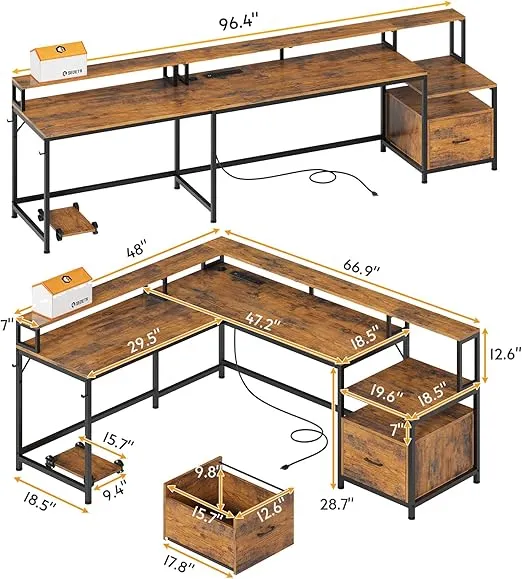 SEDETA L Shaped Desk, 66" Home Office Desk with File Drawer & Power Outlet, Gaming Desk with Led Lights, Corner Computer Desk with Monitor Shelf, Printer Storage Shelves, Two Person Desk, Rustic Brown