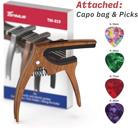 3in1 Guitar Capo for Acoustic and Electric Guitars(with Pick Holder and 4Picks),Ukulele,Guitar Accessories(Wood)