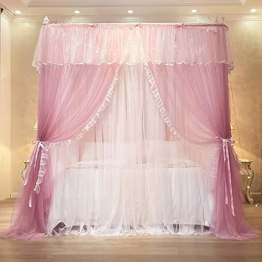 Mengersi Canopy Bed Curtains with Lights,4 Corner Bed Canopy Royal Luxurious Bed Drapes Netting,Princess Bed Curtains for Girls Adults Bedroom Decoration (Pink, Queen)