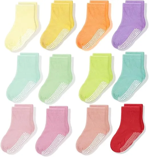 CozyWay Baby Anti Slip Crew Socks 12 Pairs with Grips for Toddlers Little Boys Girls Infants Kids Non Skid