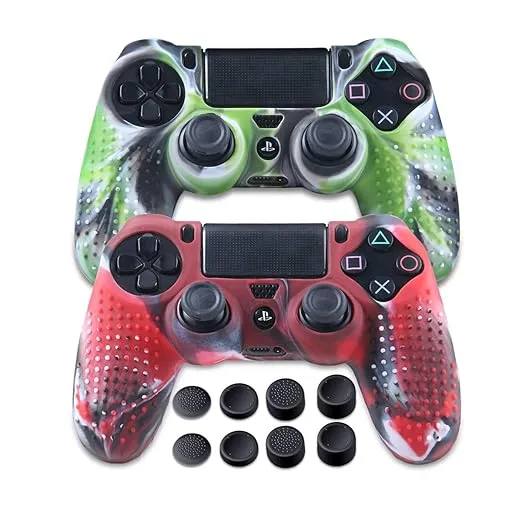 Silicone Covers Compatible with PS4 Controller - 2 Pack Anti-Slip Protector Controller Case Skins - with 4 Pairs Thumb Grips - Camo Green & Camo Red