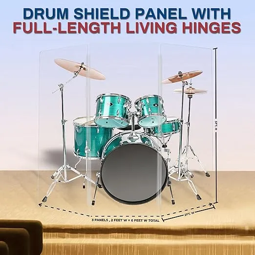 Drum Shield 5ft w/Living Hinges, Comes w/ 3 Drum Panels & Living Hinges, Premium Clear Acrylic Panels, Drum Screen