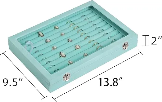 Frebeauty Rings/Earrings Organizer Tray with Clear Lid 10 Slots Velvet Drawer Insert Jewelry Storage box Transparent Glass lid Jewelry Display Case Showcase Gift for Girls Women (Turquoise, 10 Slots)