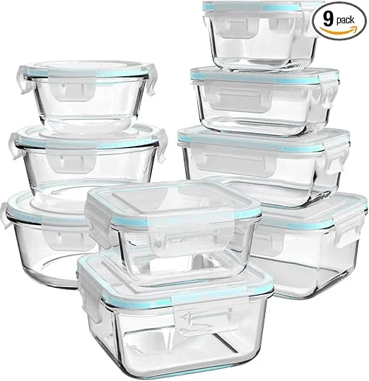 Glass Food Storage Containers with Lids, [18 Piece] Meal Prep Containers for Food Storage , BPA Free & Leak Proof (9 Lids & 9 Containers)