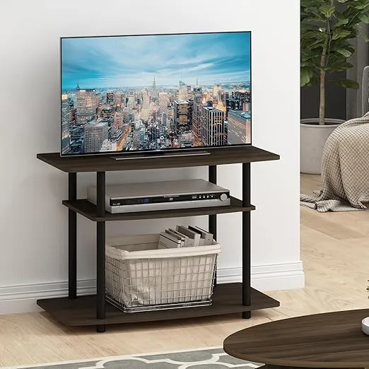 Furinno Turn-N-Tube No Tools 3-Tier Entertainment Center TV Stand for TV up to 32 Inch, Plastic Round Tubes, Dark Brown/Black