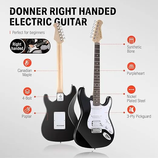 Donner DST-100B 39 Inch Electric Guitar Beginner Kit Solid Body Full Size Black HSS for Starter, with Amplifier, Bag, Digital Tuner, Capo, Strap, String,Cable, Picks