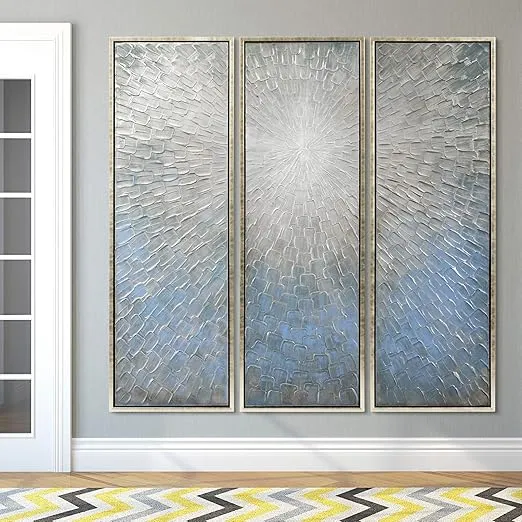 Empire Art Direct Abstract Wall Art Textured Hand Painted Canvas by Martin Edwards, Triptych, 60" x 20" each, Silver Ice