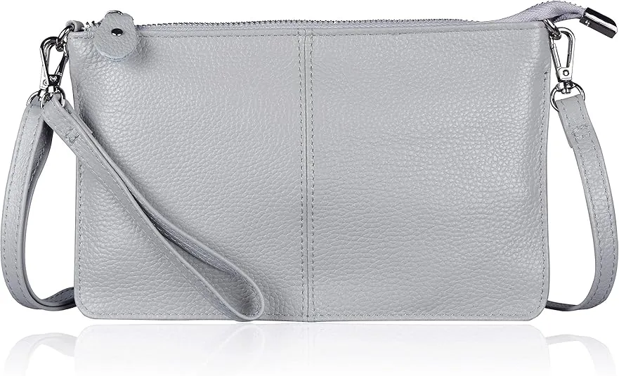 befen Genuine Leather Wristlet Clutch Wallet Purses Small Crossbody Bags Shoulder Handbag for Women, Silver Zipper