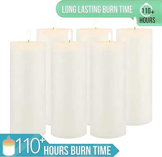 Stonebriar Tall 3 x 8 Inch 110 Hour Long Burning Unscented Wax Flat Top Pillar Candles, White, 6 Pack