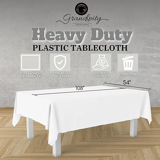 Grandipity White Plastic Table Cloth Disposable (6 Pk) 54in x 108in Plastic Tablecloths for Rectangle Tables - Premium Party Table Cloths Disposable for 6ft to 8ft Rectangle Tables