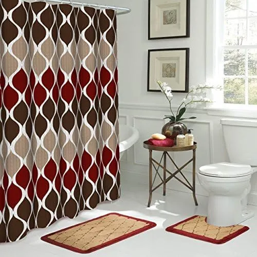 Creative Home Ideas 15-Piece Bathroom Shower Curtain Set, 72"x72", Clarisse Espresso/Barn Red