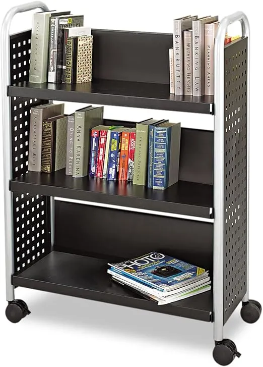 Safco Products Scoot Single-Sided Book Cart 5336BL Black, Swivel Wheels, 3 Slanted Shelves