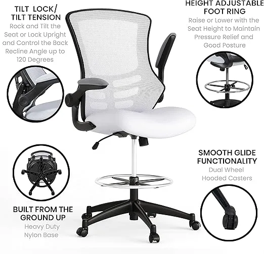 Flash Furniture Kelista Mid-Back White Mesh Ergonomic Drafting Chair | Adjustable Foot Ring, Flip-Up Arms | Comfort and Productivity