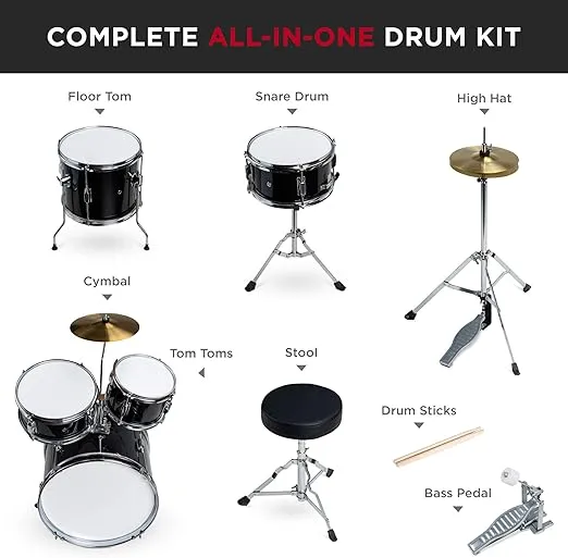 Best Choice Products Kids Drum Set 5-Piece 16in Beginner Drum Set Junior Drum Kit, Starter Percussion Set w/Cymbals, Pedal, Drumsticks, Stool, Toms, Snare, Hi Hat - Black